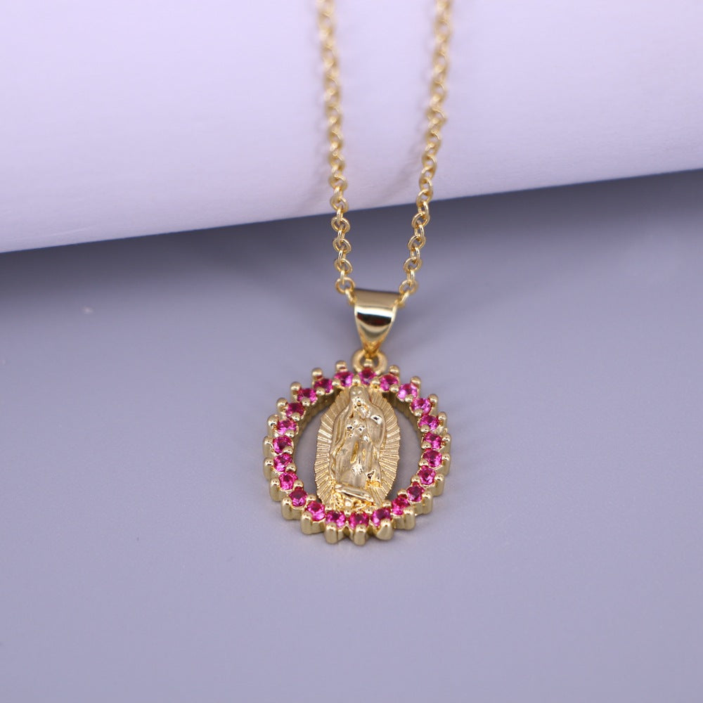 Creative Oval Virgin Mary Pendant Necklace with Rhinestone Inlay