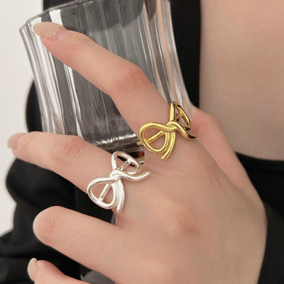 Sterling Silver 18K Gold Plated Bow Knot Open Ring with Unique Design