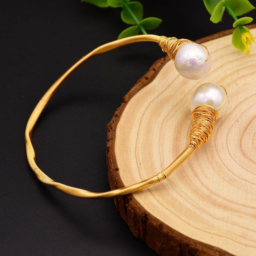 Retro Geometric Turquoise Crystal 18k Gold Plated Freshwater Pearl Bangle Bracelet