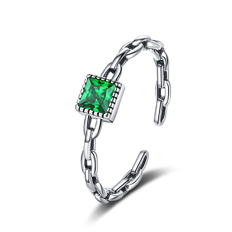 Modern Square Sterling Silver Emerald Zircon Chain Open Ring