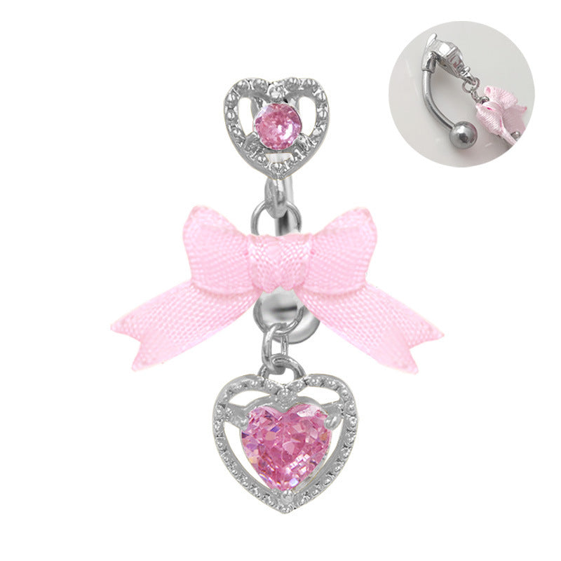 1 Piece Belly Rings Vacation Shiny Heart Shape Bow Knot 316 Stainless Steel  Alloy Inlay Rhinestones Glass Gold Plated