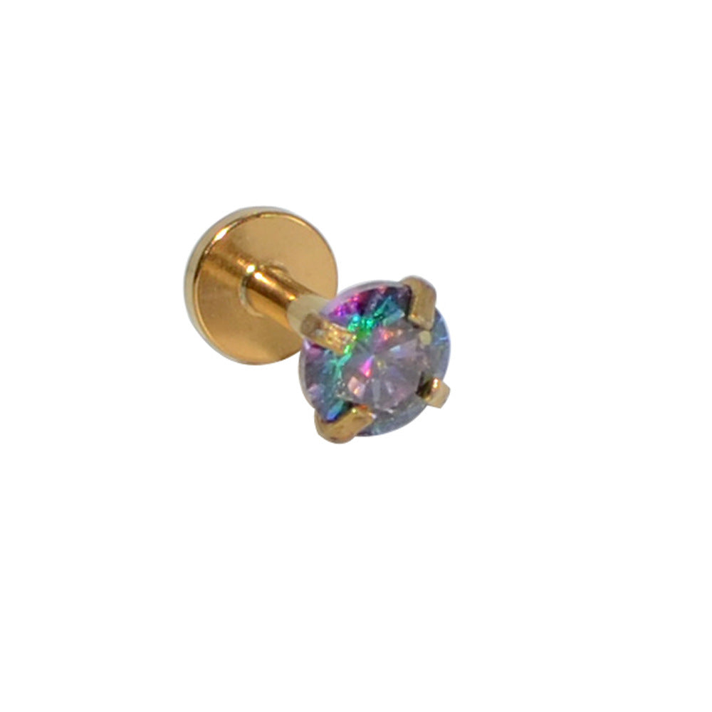 18K Gold Plated Stainless Steel Opal Zircon Lip Rings with Flat Bottom T-Shaped Studs