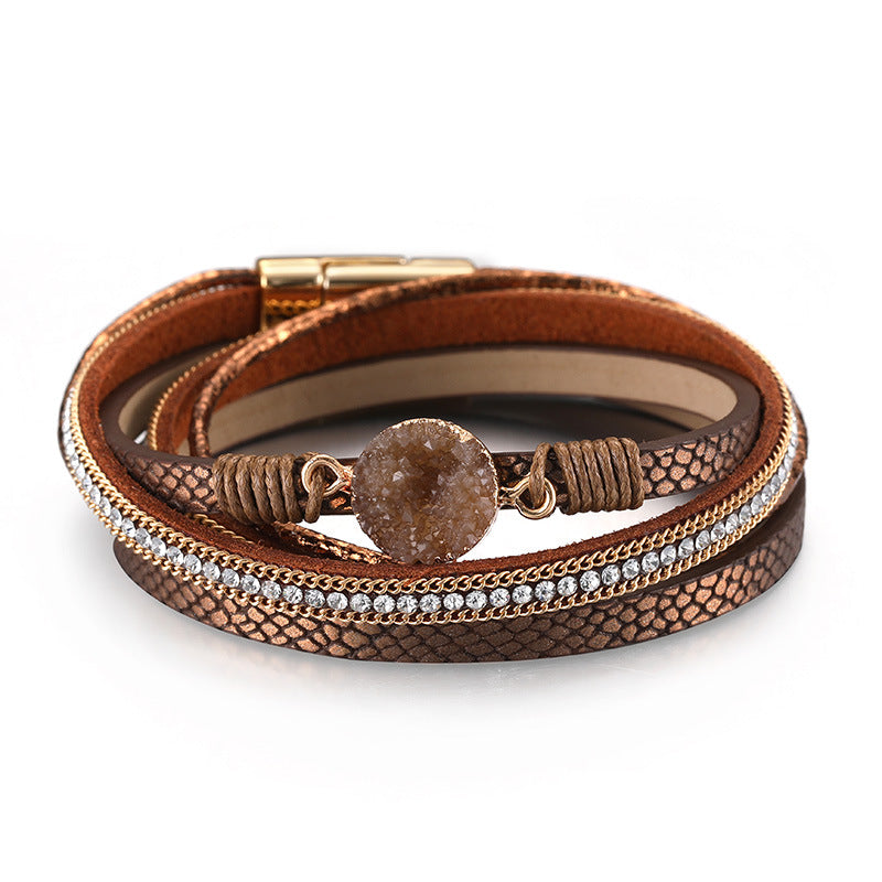 Ethnic Style Round PU Leather Multi-Layer Crystal Pendant Women's Bracelet