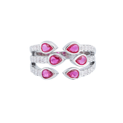 Luxurious Water Droplet Ruby Zirconia Open Ring in White Gold and Rhodium Plating