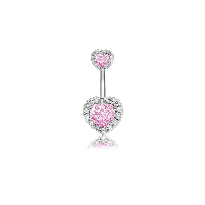 Heart Shape Zircon Inlay Stainless Steel Belly Ring with Pink Butterfly Pendant