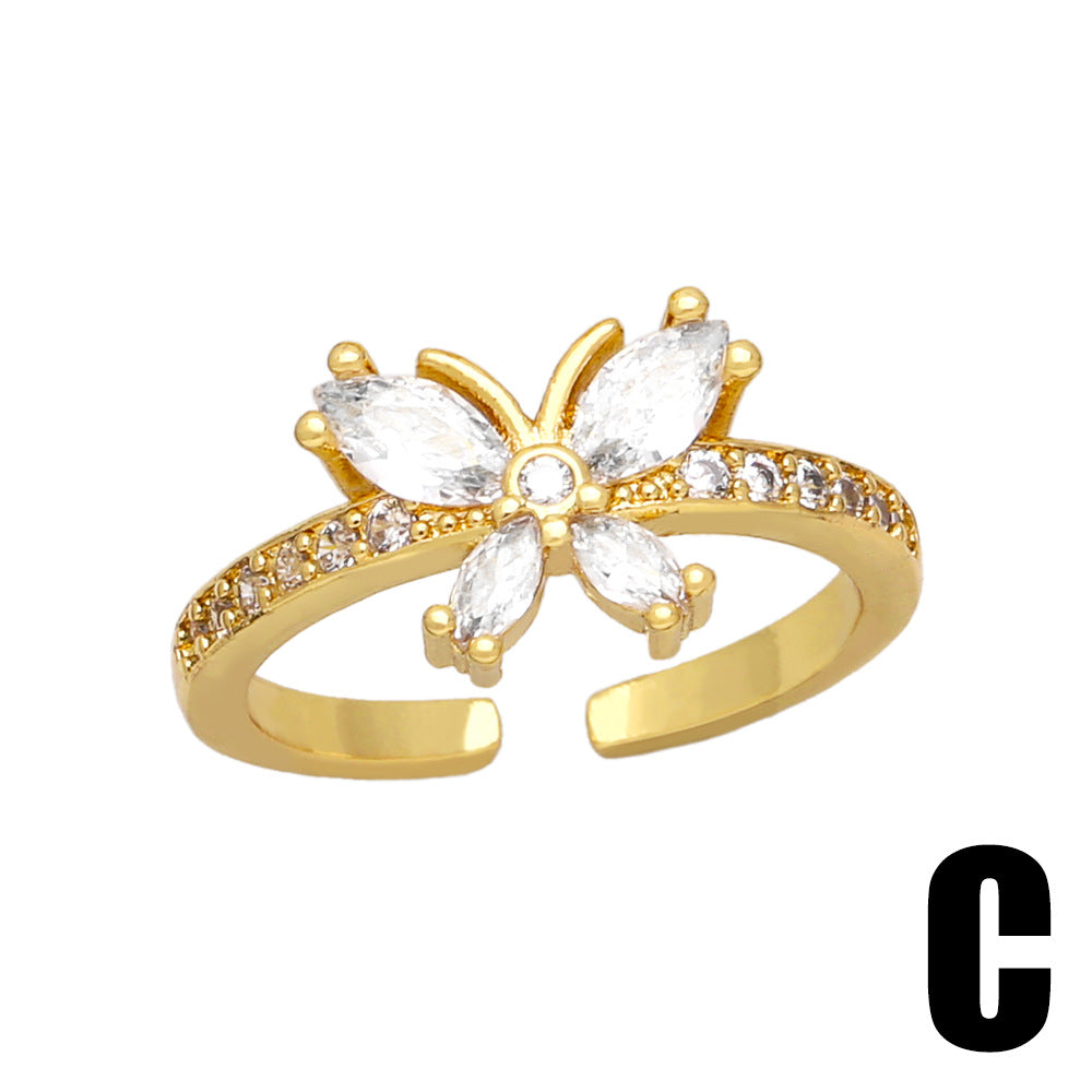 Sweet Simple Heart & Butterfly 18K Gold Plated Open Ring with Zircon Inlay