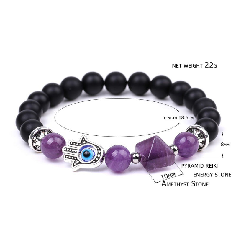 Fatima Hand Amethyst Crystal Beaded Bracelet with Evil Eye Charm