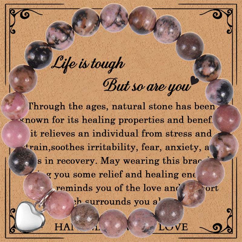 Elegant Heart Shape Natural Stone Pink Crystal Bracelet with Peach Heart Pendant for Women