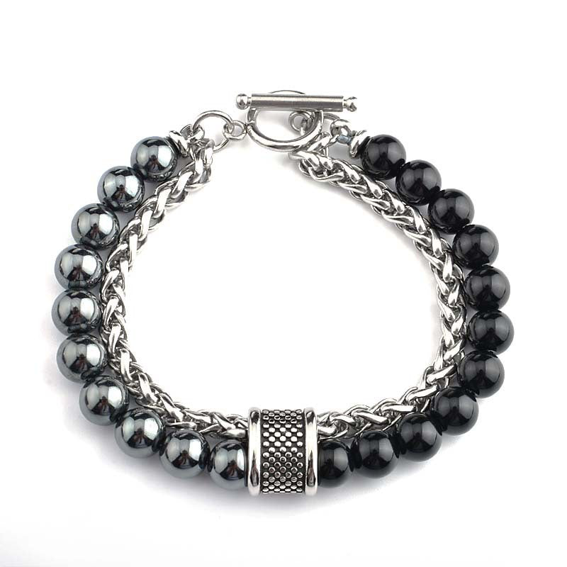 Casual Stainless Steel Matte Black Stone Beaded Men's Bracelet