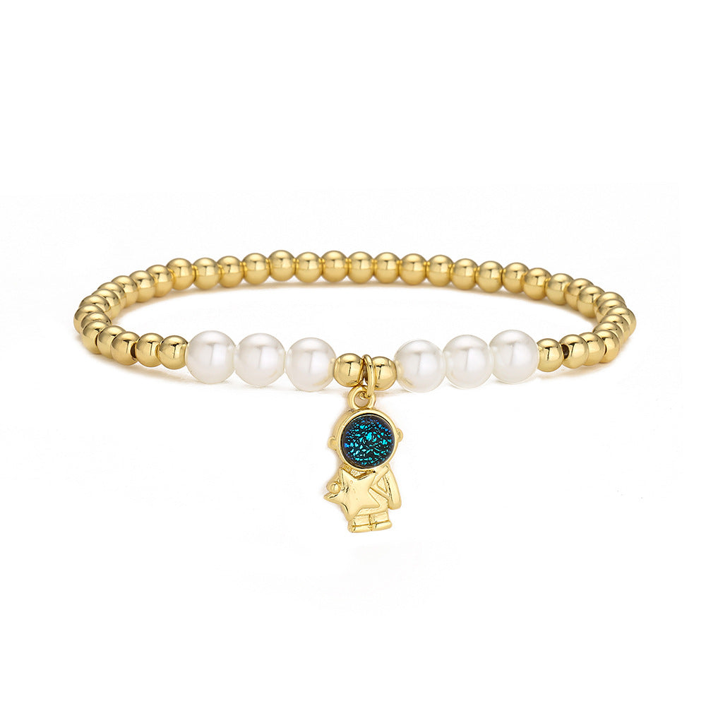 Astronaut Bear Gold Plated Copper Bracelet with Pearl and Zircon Beads