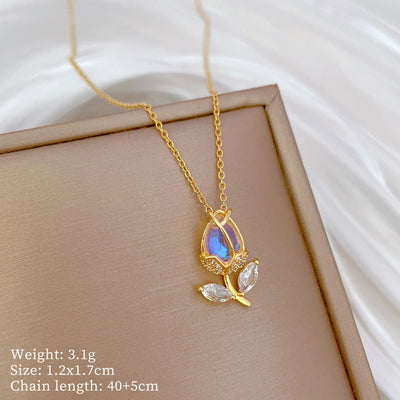 Titanium Steel Gold Plated Tulip Zircon Pendant Necklace