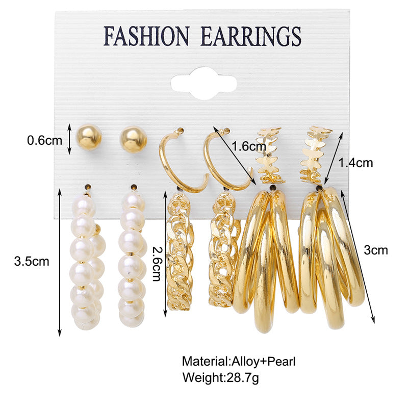 European Love Heart & Pearl Diamond Earring Set - 6 Piece Gold Round Ring Collection