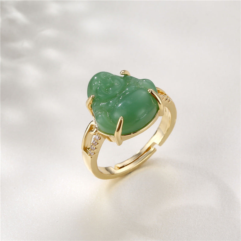 Ethnic Buddha 18K Gold Plated Jade Zircon Adjustable Ring