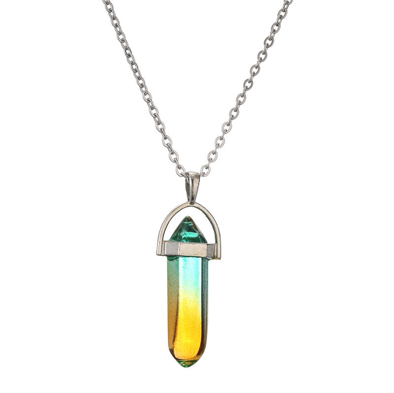 Gradient Stainless Steel Natural Stone Crystal Pendant Necklace