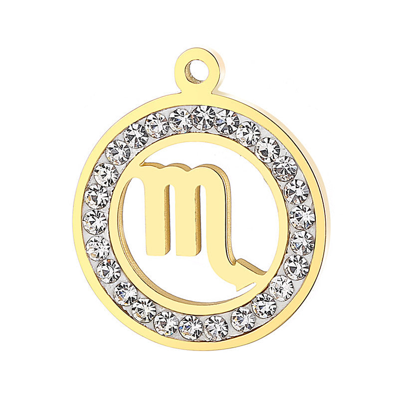 Classic Stainless Steel Zodiac Constellation Pendant Necklace with Rhinestone Inlay