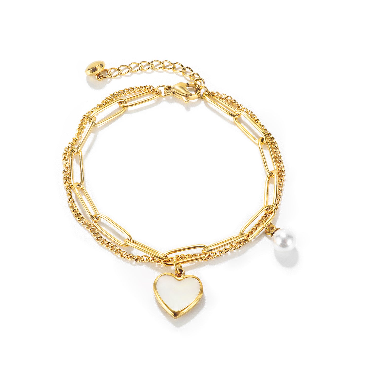 Fashion Hip-hop Heart-shaped Titanium Steel Double-layer Chain Necklace and Pearl Bracelet Set