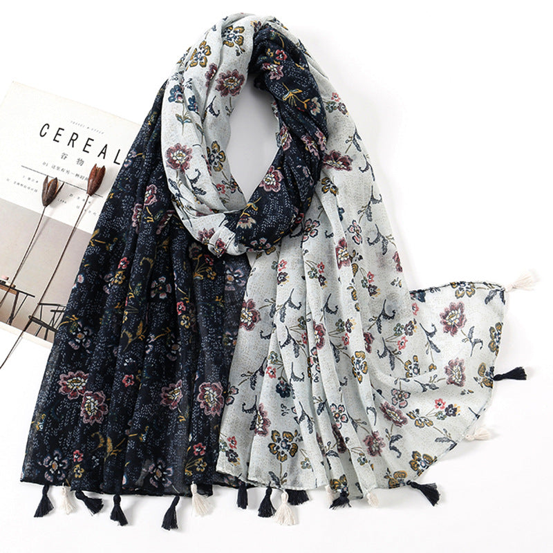 Women's Vintage Bohemian Floral Cotton Linen Print Scarf with Tassels