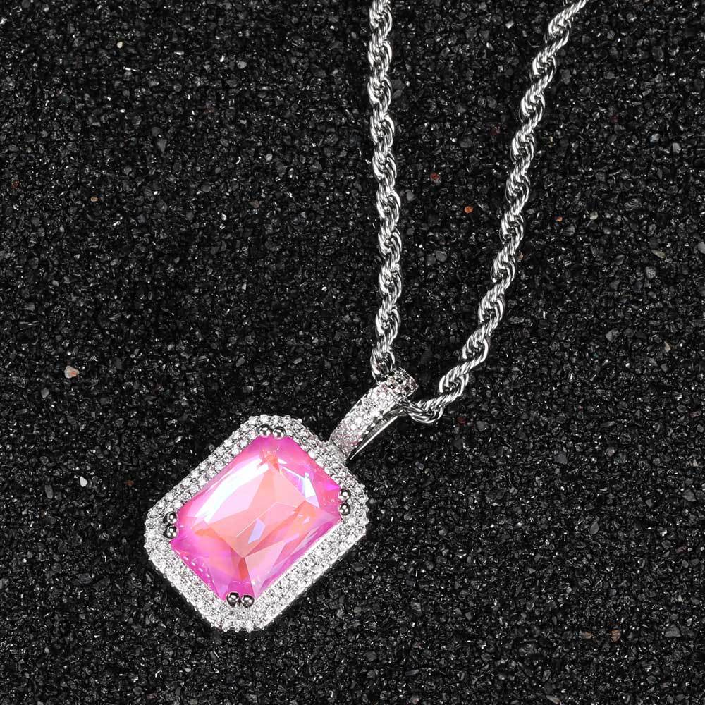 Hip-hop Square Zircon Gemstone Pendant Necklace