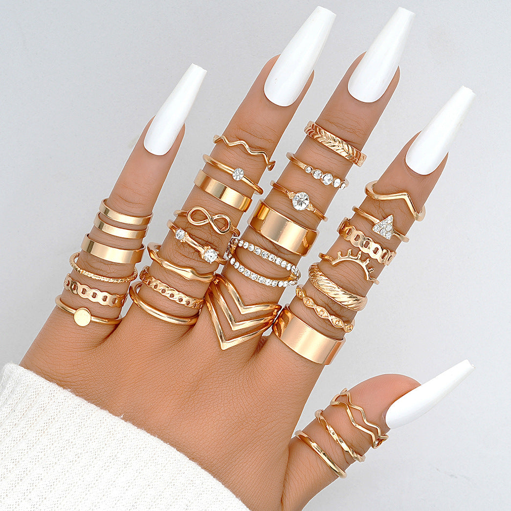 IG Style Geometric Alloy Rhinestone Women's Ring Set - 30 Pieces Fashionable Multi-Joint Rings