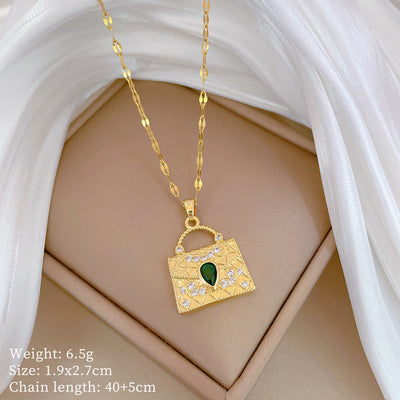 Titanium Steel Gold Plated Green Bag Zircon Pendant Necklace