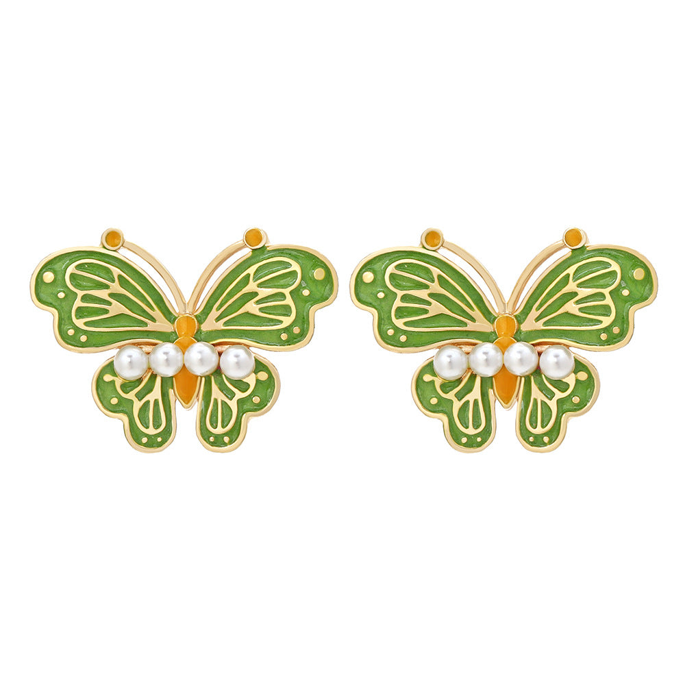 Butterfly Enamel Pearl Alloy Stud Earrings for Women