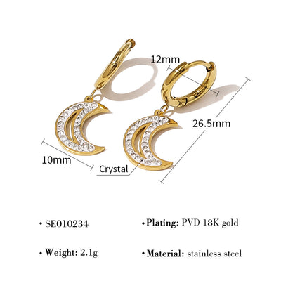 1 Pair Simple Style Classic Style Moon Plating Inlay 304 Stainless Steel Zircon 18K Gold Plated Drop Earrings