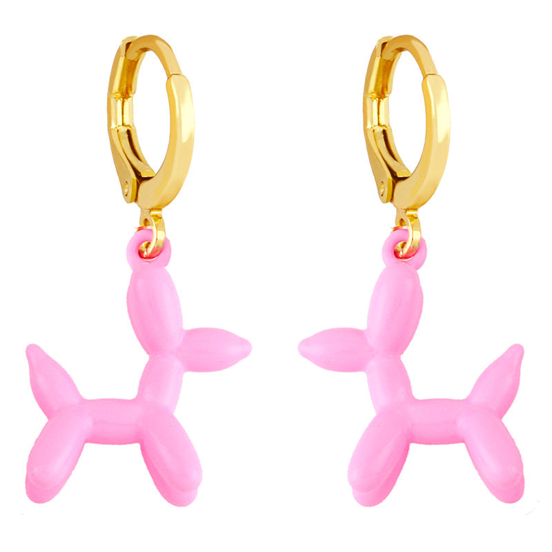 Retro Geometric Colorful Earrings with Pink Balloon Dog Design