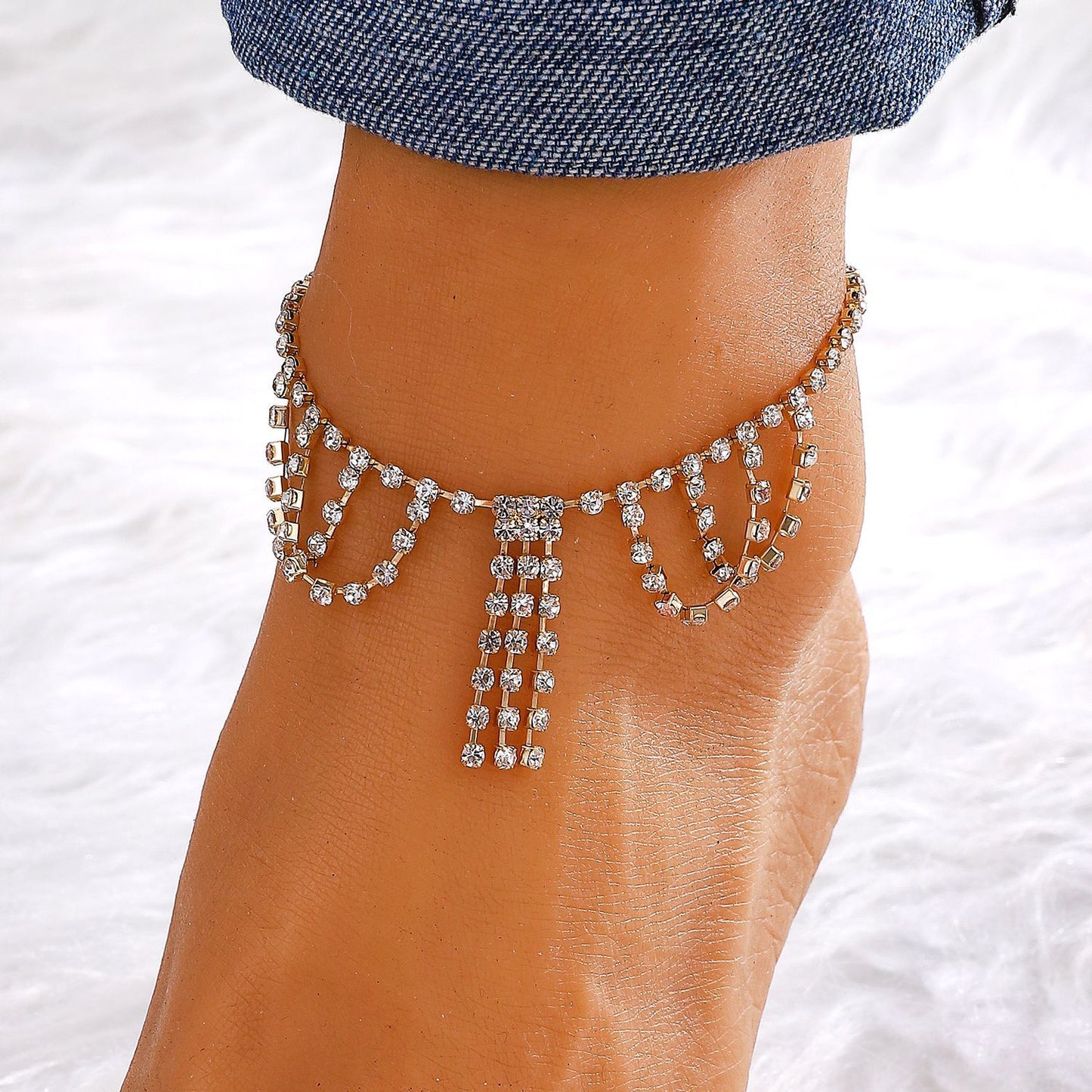 Vacation Bohemian Moon Heart Shape Rhinestone Tassel Layered Women's Anklet