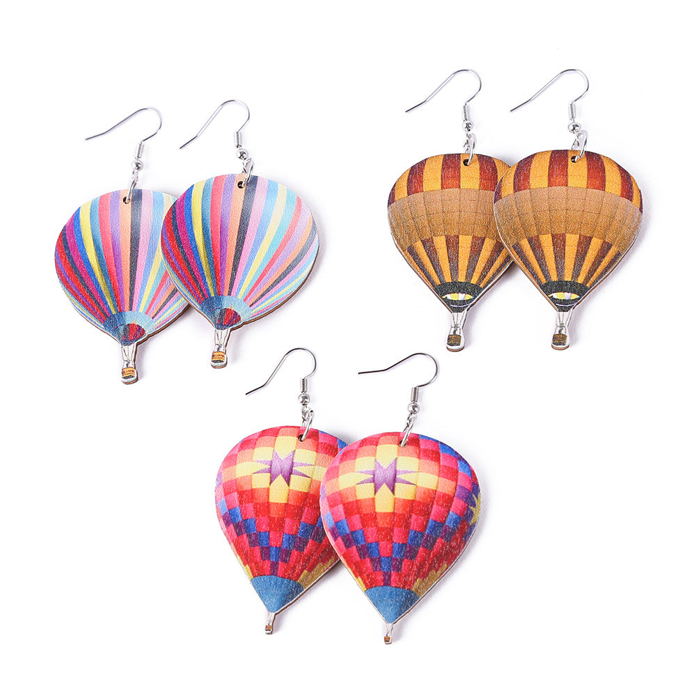 1 Pair Colorful Hot Air Balloon Wooden Drop Earrings for Women