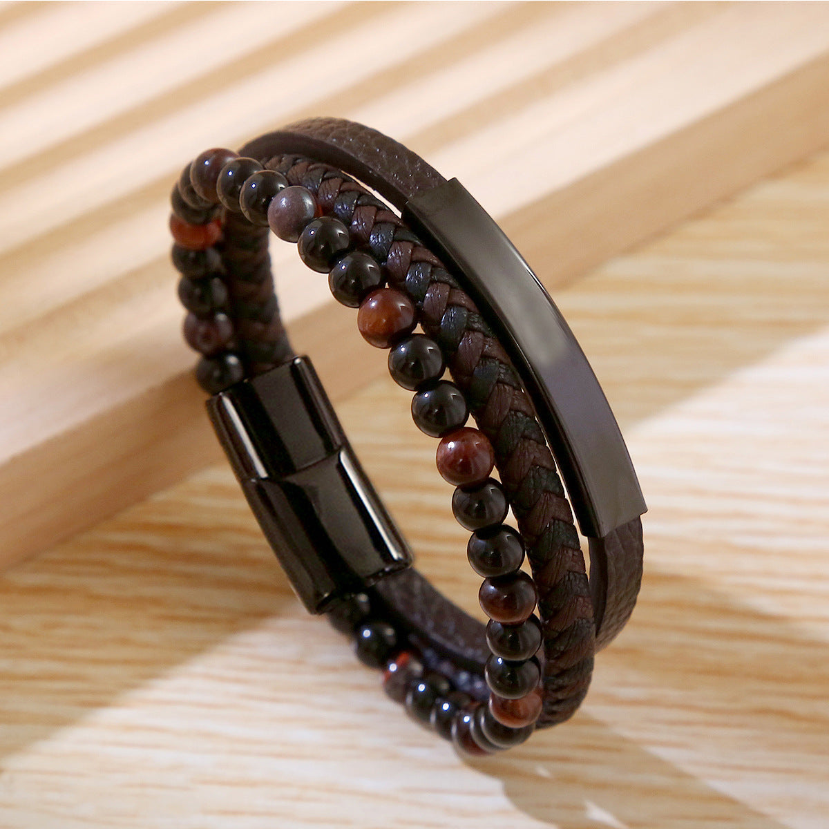 Argyle Stainless Steel Natural Tiger Eye Stone Leather Men's Beaded Bracelet