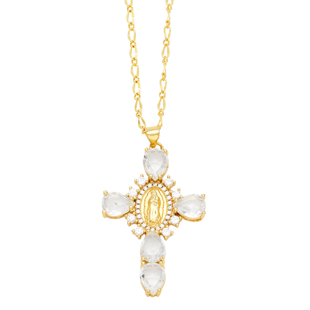 Artistic Human Cross Stainless Steel Copper Plating Inlay Zircon 18K Gold Plated Pendant Necklace