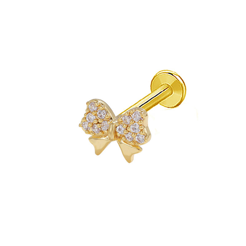 Butterfly Bow Knot Zircon Piercing Lip and Ear Studs - Stainless Steel & Gold Plated