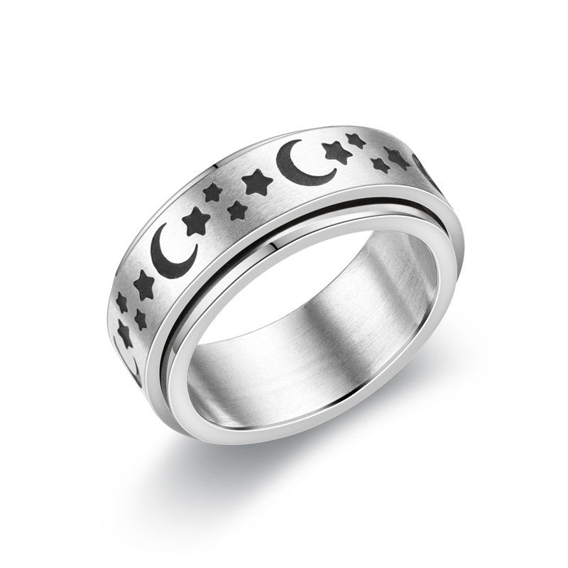 Fashion Titanium Steel Rotatable Star Moon Meditation Couple Rings Jewelry