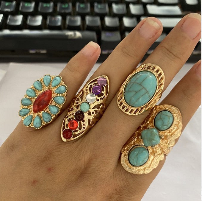 Vintage Turquoise Gemstone Carved Ring Set - 4 Piece Fashion Jewelry