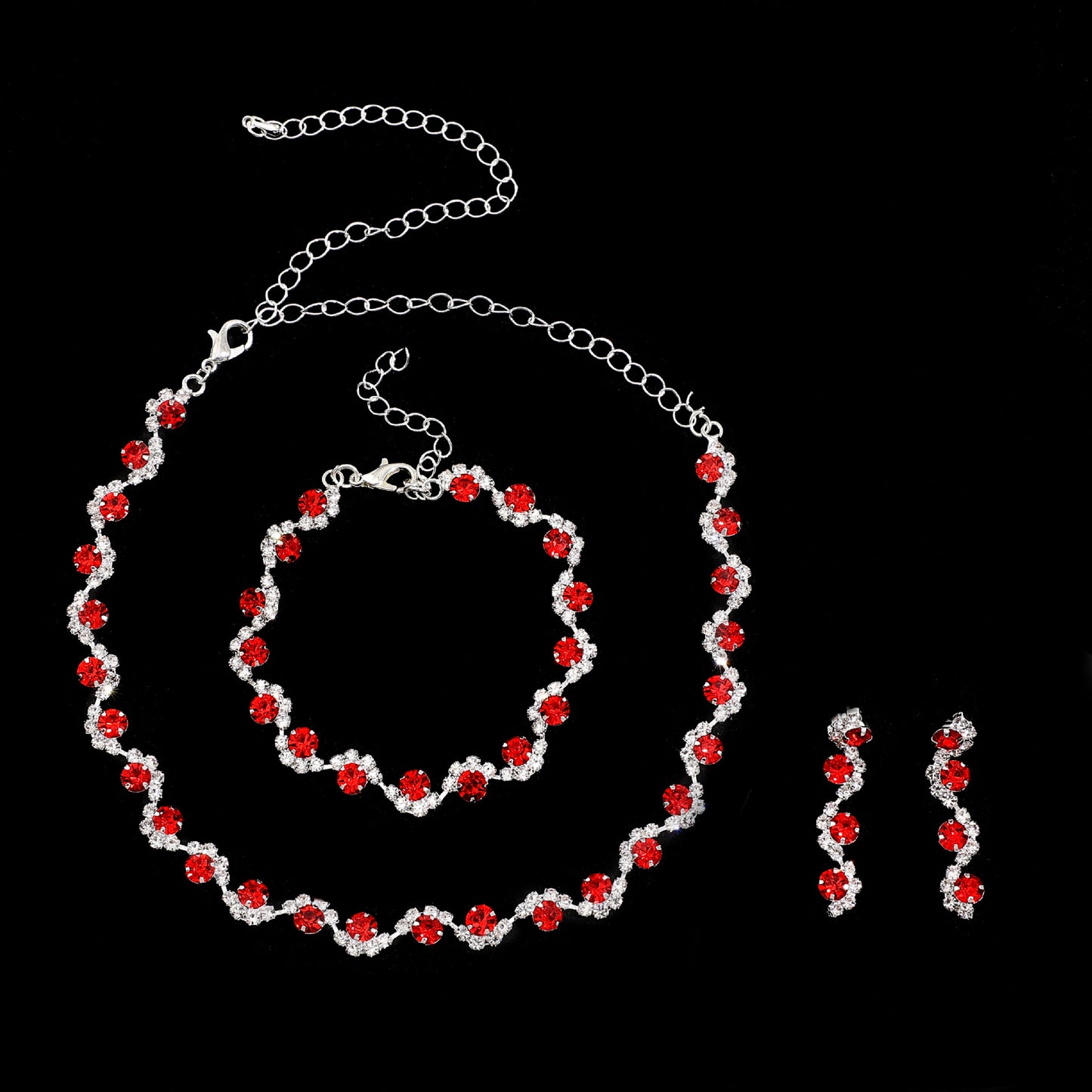 Simple Solid Color Zircon Rhinestone Bridal Jewelry Set - Necklace, Earrings, and Bracelet