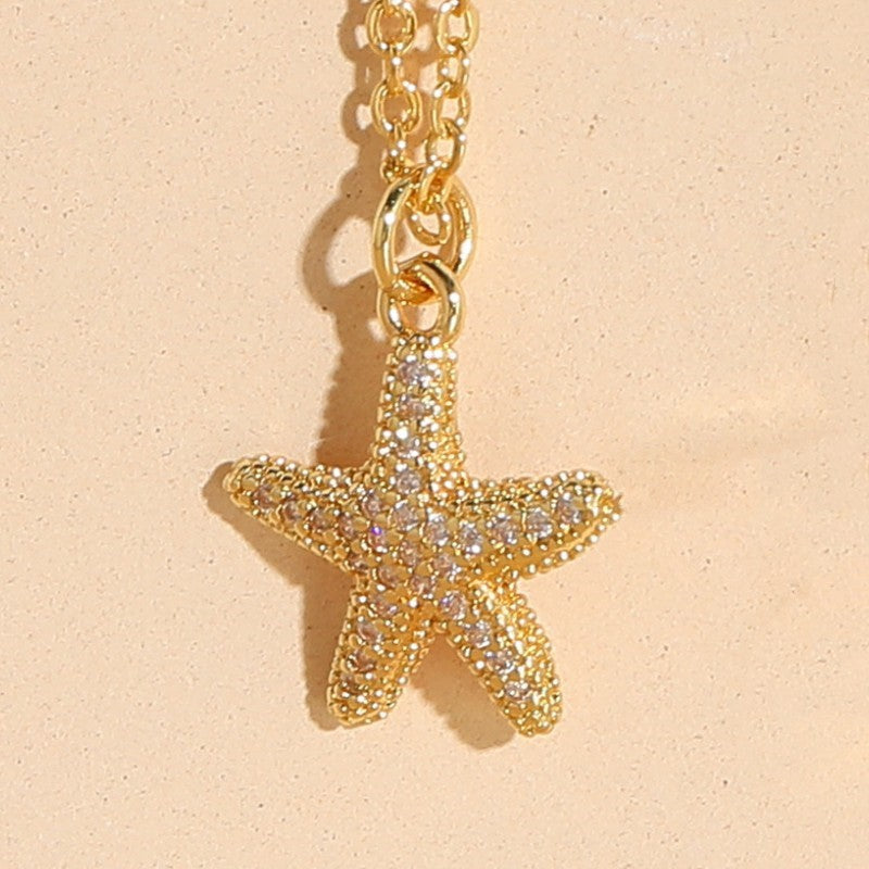 14k Gold Plated Starfish Shell Zircon Pendant Necklace