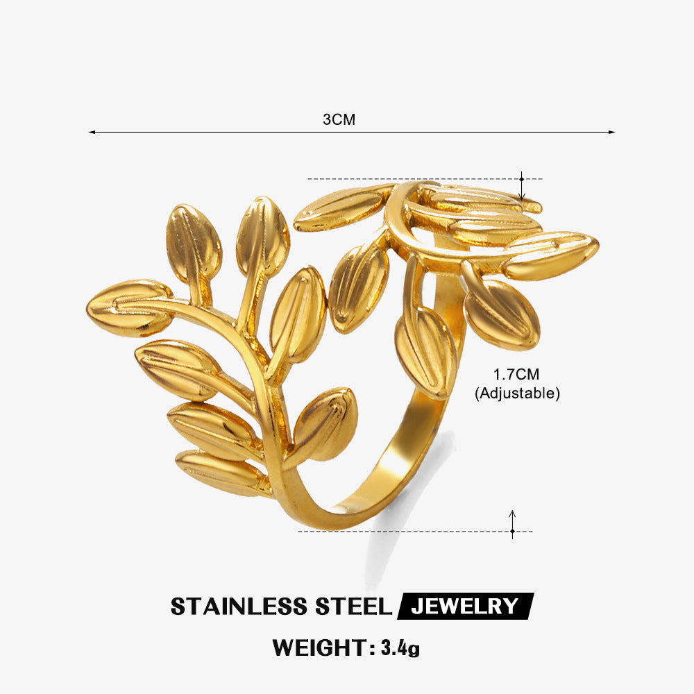 18K Gold Plated Stainless Steel Leaf Adjustable Open Ring