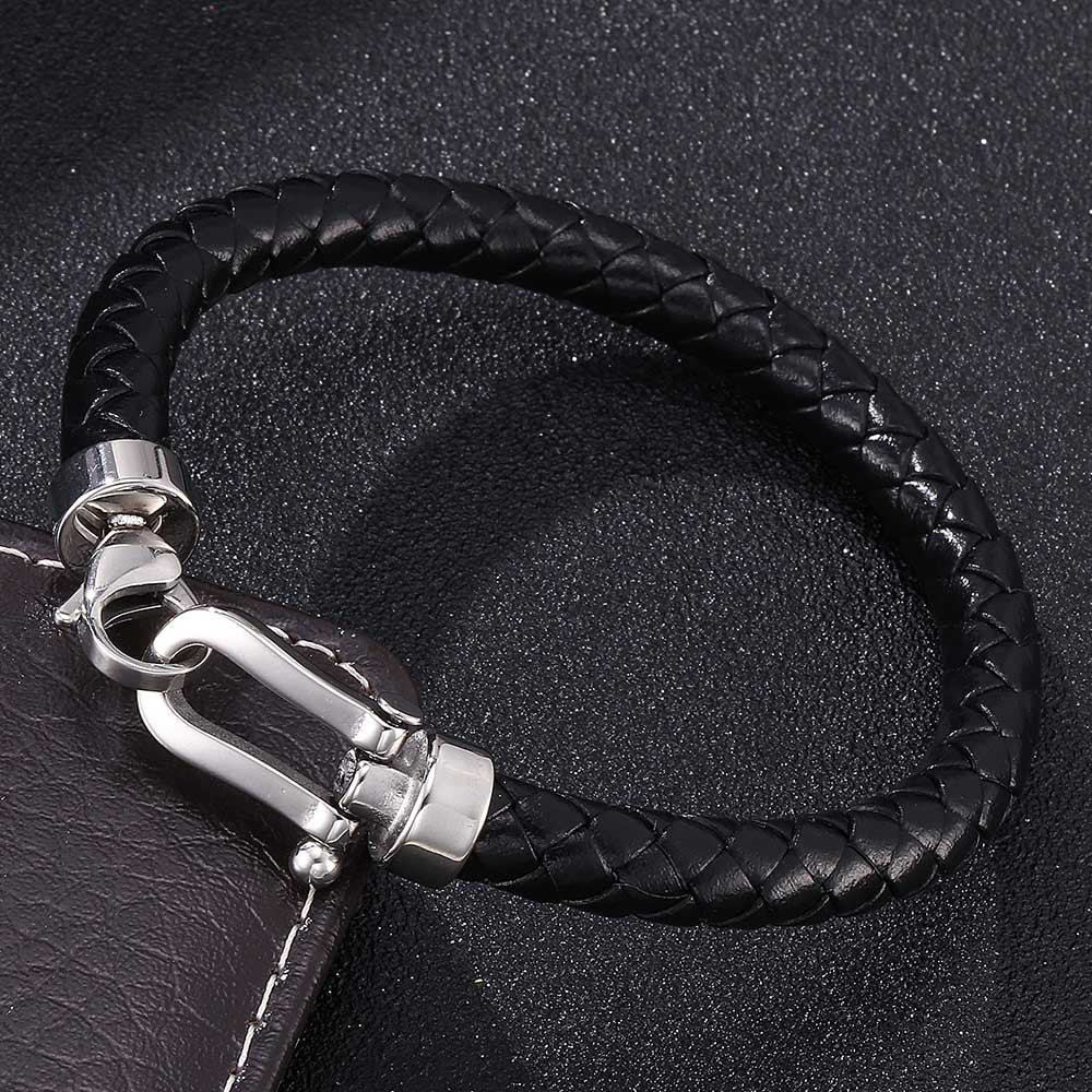 Retro Geometric Stainless Steel Leather Men's Bracelet with Horseshoe Buckle