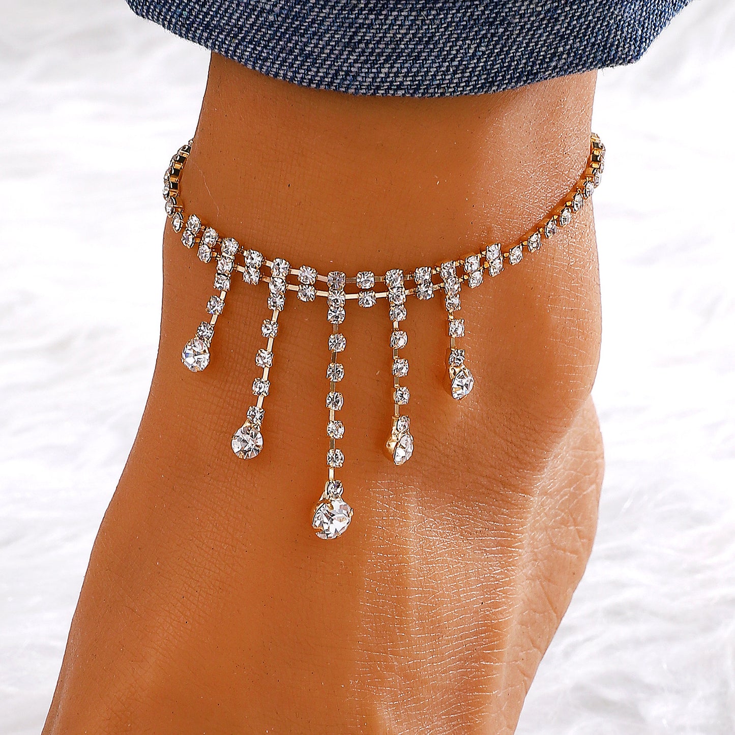 Vacation Bohemian Moon Heart Shape Rhinestone Tassel Layered Women's Anklet