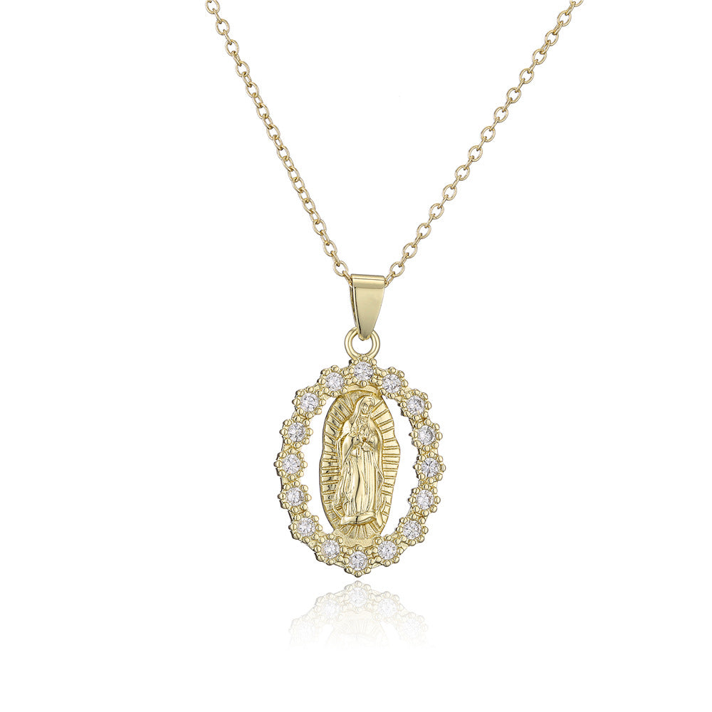 Classic Religious Jewelry Copper Plated 18K Gold Zircon Virgin Mary Pendant Necklace Female