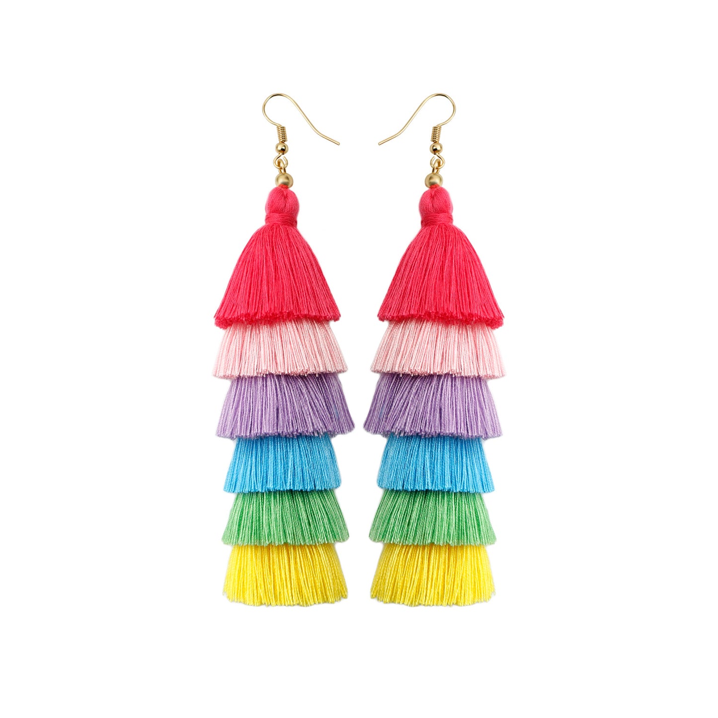 Bohemian Rainbow Tassel Drop Earrings - Vintage Long Handmade Statement Jewelry