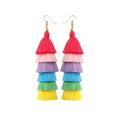 Bohemian Rainbow Tassel Drop Earrings - Vintage Long Handmade Statement Jewelry