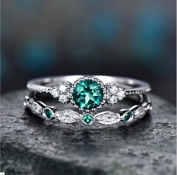 Emerald and Sapphire Geometric Zircon Copper Ring Set for Women