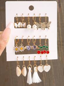 Elegant Geometric Butterfly and Leopard Print Pearl Earring Set - 6 Pairs