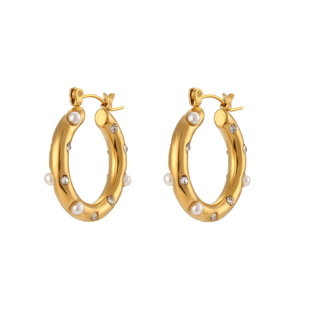 Geometric Pearl Zircon 18K Gold Plated Stainless Steel Hoop Earrings