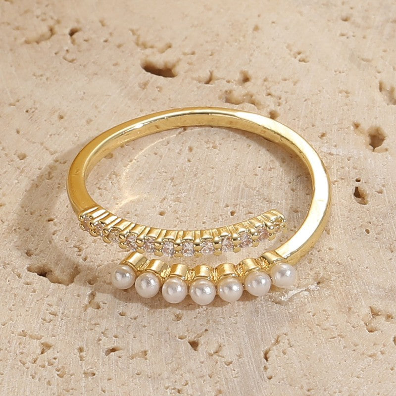 Retro Love Zircon Pearl 14K Gold Plated Copper Open Ring