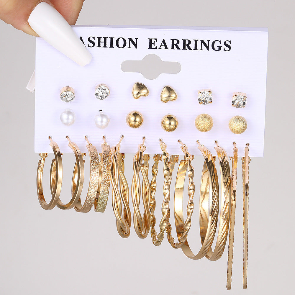 Retro Heart & Round Shape Alloy Earrings Set with Pearl and Rhinestone Embellishments - 12 Pairs