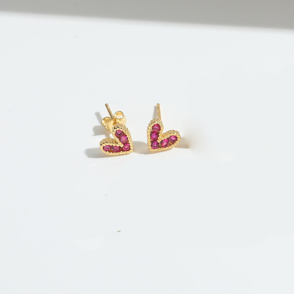 1 Pair Elegant Heart Shape Zircon 14K Gold Plated Copper Ear Studs