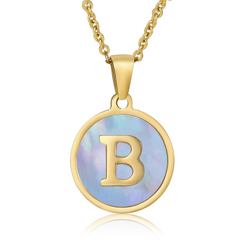 Titanium Steel Blue Shell Initial Pendant Necklace