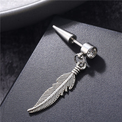 Fashion Feather Stainless Steel Inlay Gemstone Tassel Drop Earrings